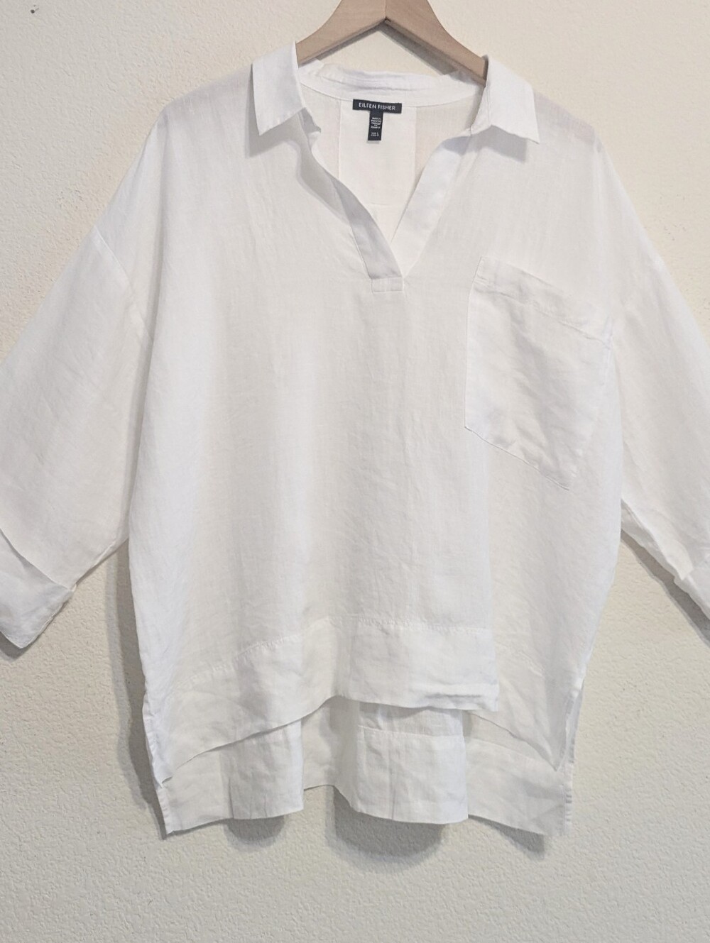 Eileen Fisher Organic Handkerchief Linen Split Neck Top Large White Minimalist - Picture 2 of 7